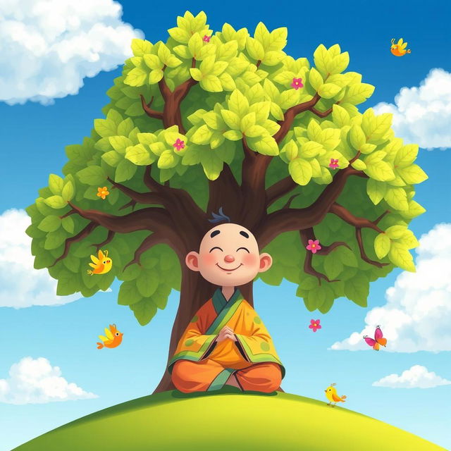 A charming 2D cartoon illustration of a monastic figure, depicted with friendly and exaggerated features, sitting peacefully below a large, colorful tree