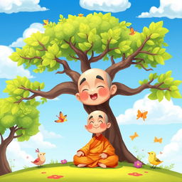 A charming 2D cartoon illustration of a monastic figure, depicted with friendly and exaggerated features, sitting peacefully below a large, colorful tree