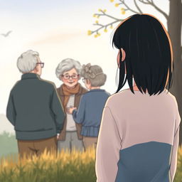 A touching book cover illustration featuring a teenage girl with straight black hair, viewed from a distance, standing with her back towards the viewer