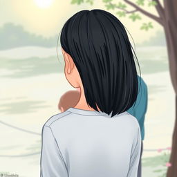 A touching book cover illustration featuring a teenage girl with straight black hair, viewed from a distance, standing with her back towards the viewer