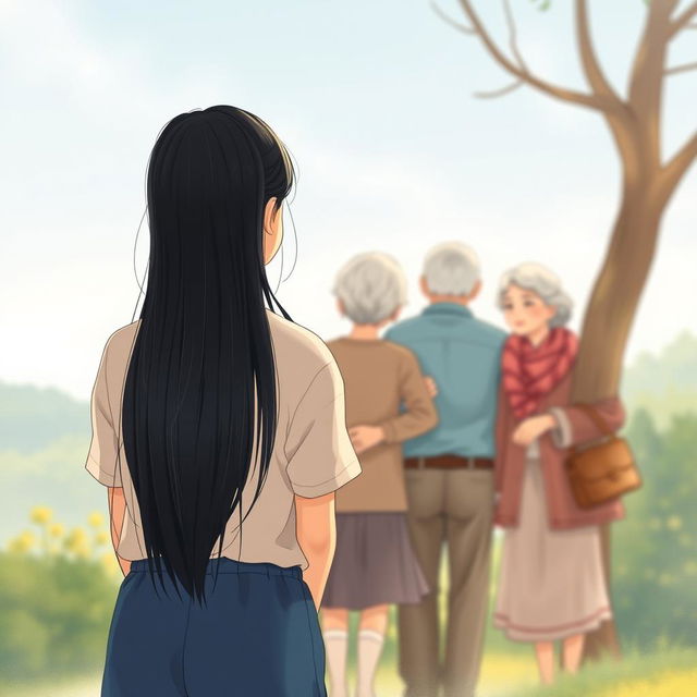 A touching book cover illustration featuring a teenage girl with straight black hair, viewed from a distance, standing with her back towards the viewer