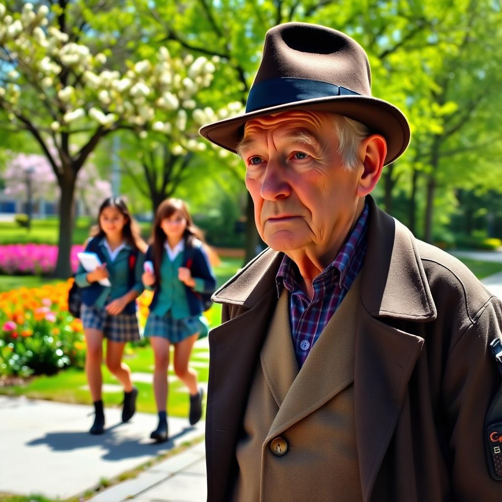 An elderly man with a thoughtful expression, wearing a classic hat and a long coat, standing on a sidewalk