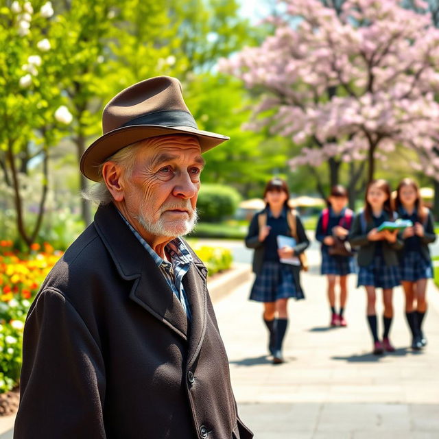 An elderly man with a thoughtful expression, wearing a classic hat and a long coat, standing on a sidewalk