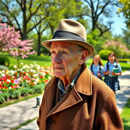 An elderly man with a thoughtful expression, wearing a classic hat and a long coat, standing on a sidewalk