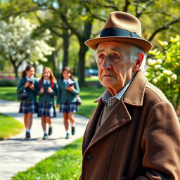 An elderly man with a thoughtful expression, wearing a classic hat and a long coat, standing on a sidewalk