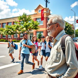 A thoughtful elderly man, with a wise and gentle expression, standing on a street corner and observing a group of school-going girls who are laughing and chatting as they walk together