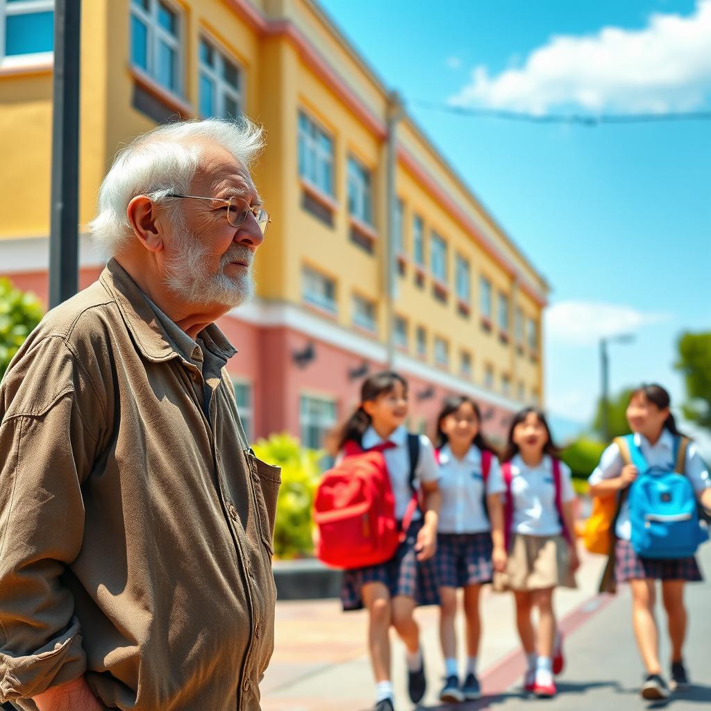 A thoughtful elderly man, with a wise and gentle expression, standing on a street corner and observing a group of school-going girls who are laughing and chatting as they walk together