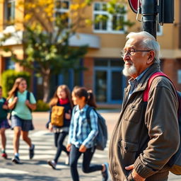 A thoughtful elderly man, with a wise and gentle expression, standing on a street corner and observing a group of school-going girls who are laughing and chatting as they walk together