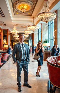 A stylish hotel lobby bustling with activity, featuring a vibrant decor of marble floors and luxurious furnishings