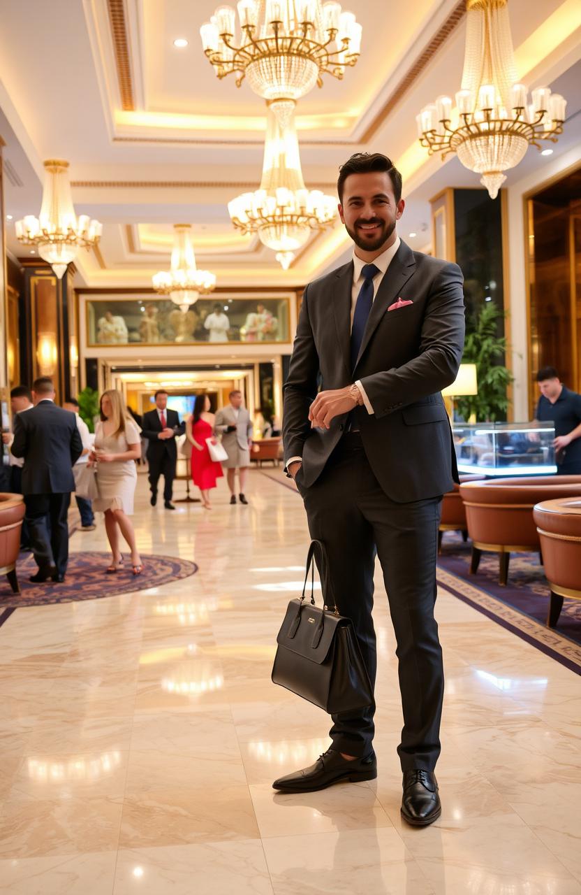 A stylish hotel lobby bustling with activity, featuring a vibrant decor of marble floors and luxurious furnishings