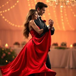 A romantic scene featuring a beautiful woman wearing a flowing red satin dress that billows softly around her legs, embodying elegance and allure