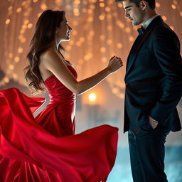 A romantic scene featuring a beautiful woman wearing a flowing red satin dress that billows softly around her legs, embodying elegance and allure