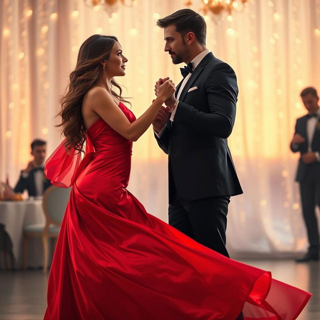 A romantic scene featuring a beautiful woman wearing a flowing red satin dress that billows softly around her legs, embodying elegance and allure