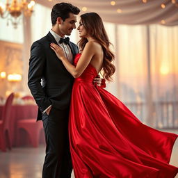 A romantic scene featuring a beautiful woman wearing a flowing red satin dress that billows softly around her legs, embodying elegance and allure