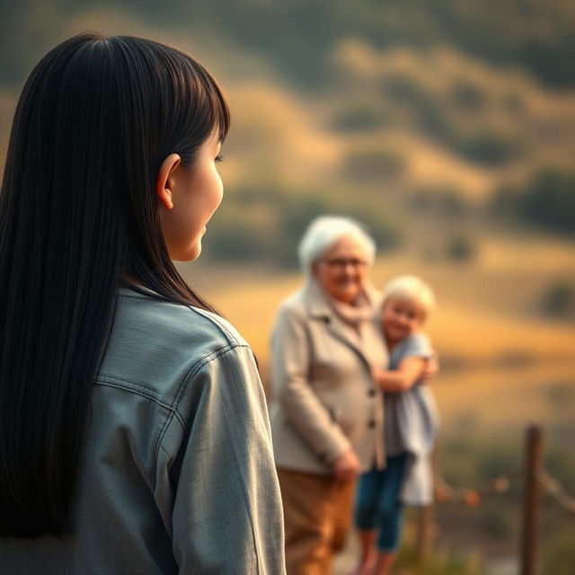 A teenager girl with straight black hair is standing at a distance, viewed from behind, gazing joyfully at her loving grandmother and grandfather who are together with their granddaughter