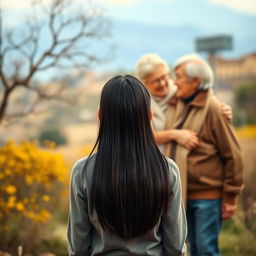 A teenager girl with straight black hair is standing at a distance, viewed from behind, gazing joyfully at her loving grandmother and grandfather who are together with their granddaughter