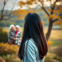 A teenager girl with straight black hair is standing at a distance, viewed from behind, gazing joyfully at her loving grandmother and grandfather who are together with their granddaughter