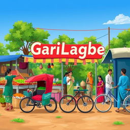 A vibrant and lively depiction of an outdoor market in Bangladesh, illustrating the phrase 'GariLagbe' with a focus on the community's need for transportation