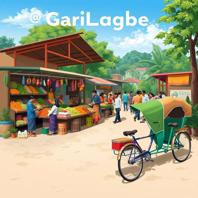 A vibrant and lively depiction of an outdoor market in Bangladesh, illustrating the phrase 'GariLagbe' with a focus on the community's need for transportation