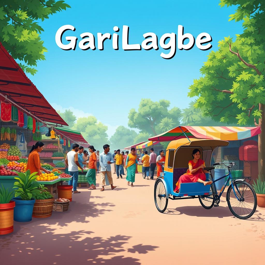 A vibrant and lively depiction of an outdoor market in Bangladesh, illustrating the phrase 'GariLagbe' with a focus on the community's need for transportation