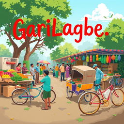 A vibrant and lively depiction of an outdoor market in Bangladesh, illustrating the phrase 'GariLagbe' with a focus on the community's need for transportation
