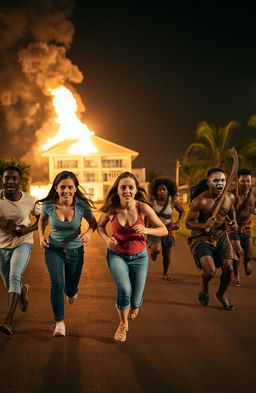 A dramatic scene featuring a group of five scared young people, consisting of both white and black individuals, dressed in modern attire such as jeans and casual wear
