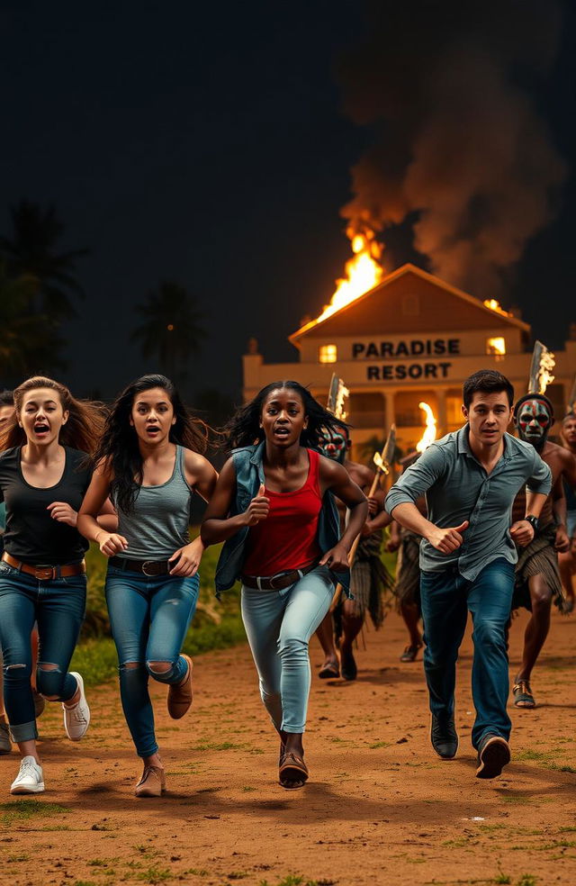 A dramatic scene featuring a group of five scared young people, consisting of both white and black individuals, dressed in modern attire such as jeans and casual wear