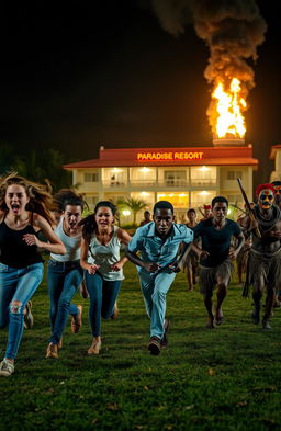 A dramatic scene featuring a group of five scared young people, consisting of both white and black individuals, dressed in modern attire such as jeans and casual wear
