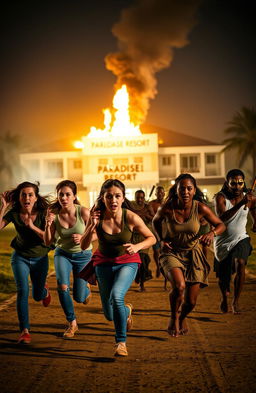 A dramatic scene featuring a group of five scared young people, consisting of both white and black individuals, dressed in modern attire such as jeans and casual wear