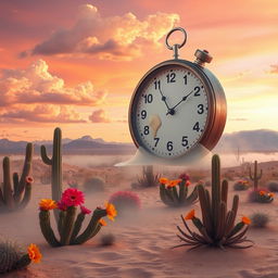 A surreal landscape featuring a giant clock melting over a vibrant desert scene