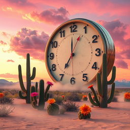 A surreal landscape featuring a giant clock melting over a vibrant desert scene