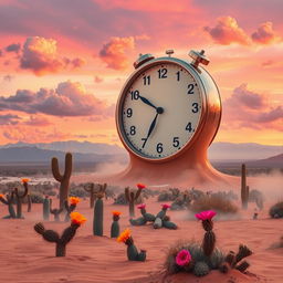 A surreal landscape featuring a giant clock melting over a vibrant desert scene