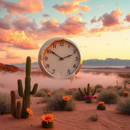 A surreal landscape featuring a giant clock melting over a vibrant desert scene