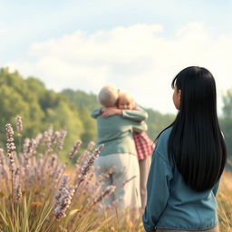A picturesque scene depicting a straight black-haired teenage girl standing a distance away, gazing at her loving grandparents who are embracing their granddaughter
