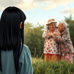 A picturesque scene depicting a straight black-haired teenage girl standing a distance away, gazing at her loving grandparents who are embracing their granddaughter