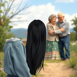 A picturesque scene depicting a straight black-haired teenage girl standing a distance away, gazing at her loving grandparents who are embracing their granddaughter