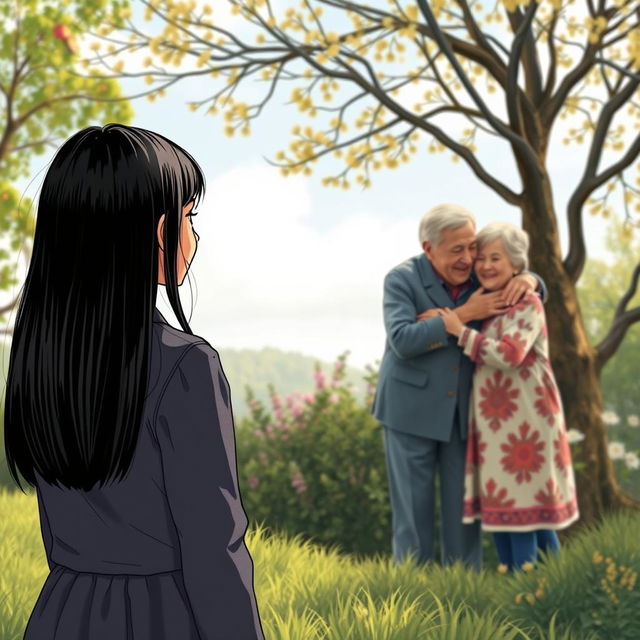 A picturesque scene depicting a straight black-haired teenage girl standing a distance away, gazing at her loving grandparents who are embracing their granddaughter