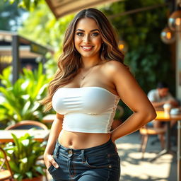 A confident woman with a curvy figure, prominently featuring her big breasts, wearing a stylish and casual outfit that highlights her curves