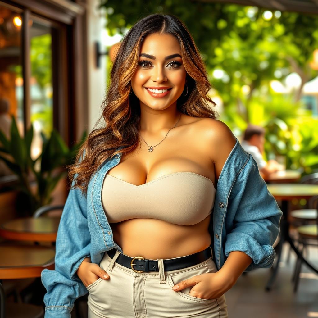 A confident woman with a curvy figure, prominently featuring her big breasts, wearing a stylish and casual outfit that highlights her curves