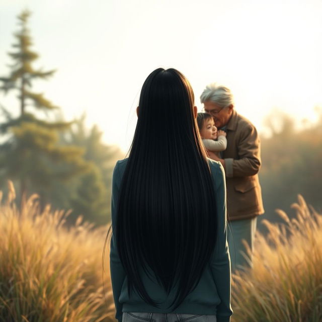 A heartwarming fictional scene featuring a straight black-haired teenage girl standing a distance away, with her back to the viewer, gazing at her loving grandparents who are joyfully embracing their granddaughter