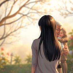 A heartwarming fictional scene featuring a straight black-haired teenage girl standing a distance away, with her back to the viewer, gazing at her loving grandparents who are joyfully embracing their granddaughter