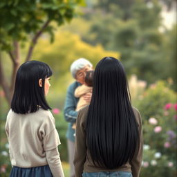 A heartwarming fictional scene featuring a straight black-haired teenage girl standing a distance away, with her back to the viewer, gazing at her loving grandparents who are joyfully embracing their granddaughter