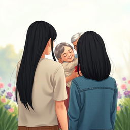 A heartwarming fictional scene featuring a straight black-haired teenage girl standing a distance away, with her back to the viewer, gazing at her loving grandparents who are joyfully embracing their granddaughter