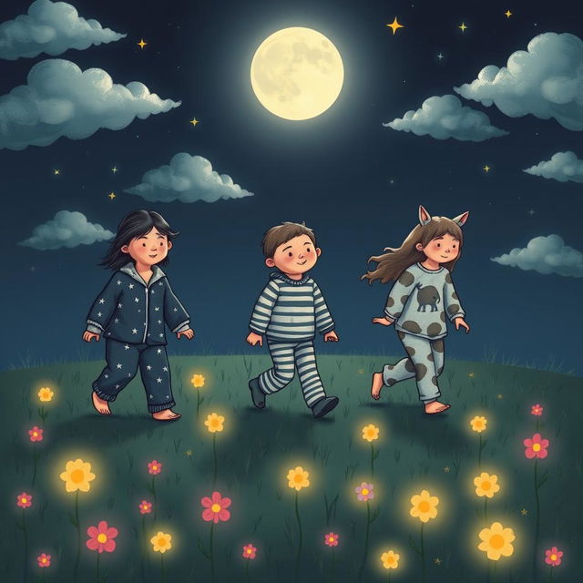 A mysterious and whimsical illustration of a team of sleep walkers, each with distinct features and expressions, walking through a dreamlike landscape