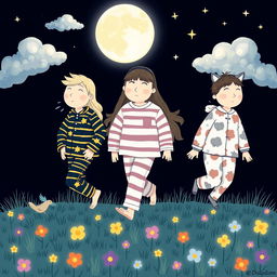 A mysterious and whimsical illustration of a team of sleep walkers, each with distinct features and expressions, walking through a dreamlike landscape