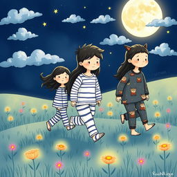 A mysterious and whimsical illustration of a team of sleep walkers, each with distinct features and expressions, walking through a dreamlike landscape