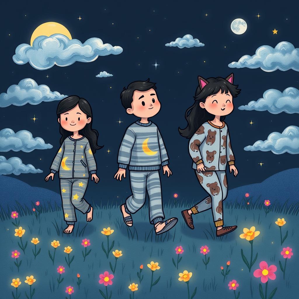 A mysterious and whimsical illustration of a team of sleep walkers, each with distinct features and expressions, walking through a dreamlike landscape