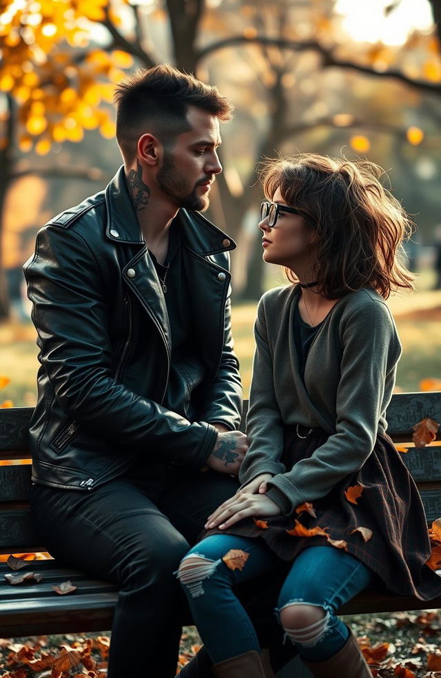 A dramatic yet heartwarming scene depicting a bad boy with tattoos and a leather jacket, sitting on a park bench, gazing adoringly at an unconventional, unattractive girl with quirky hair and oversized glasses