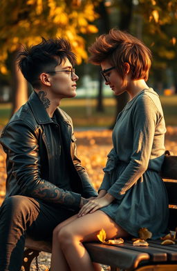 A dramatic yet heartwarming scene depicting a bad boy with tattoos and a leather jacket, sitting on a park bench, gazing adoringly at an unconventional, unattractive girl with quirky hair and oversized glasses