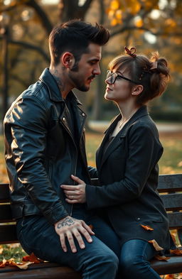 A dramatic yet heartwarming scene depicting a bad boy with tattoos and a leather jacket, sitting on a park bench, gazing adoringly at an unconventional, unattractive girl with quirky hair and oversized glasses